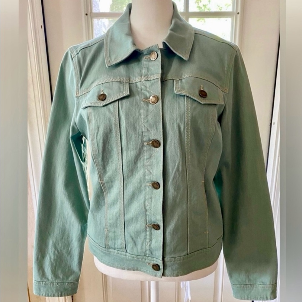 Boden-Sea foam green stretch denim Spring jacket with purple floral lining. 6